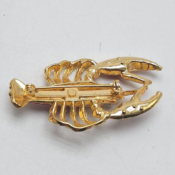 Mid-Century Figural Lobster Pin Brooch Red Enamel Gold Tone Green Rhinestones - Picture 3 of 4